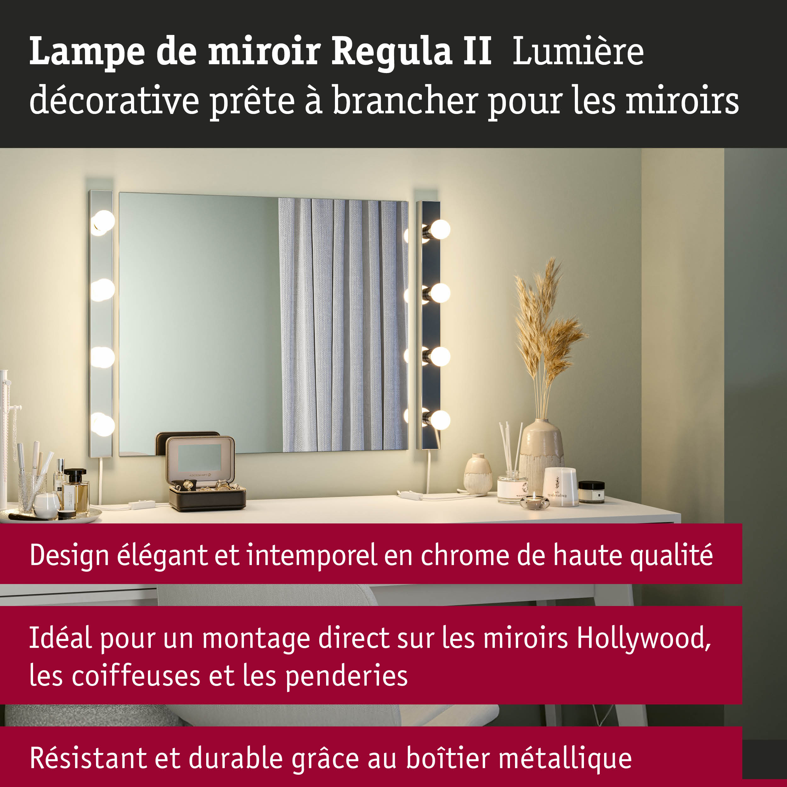 Lampe de miroir Regula II en chrome de haute qualité avec ampoules LED blanc chaud pour miroirs Hollywood