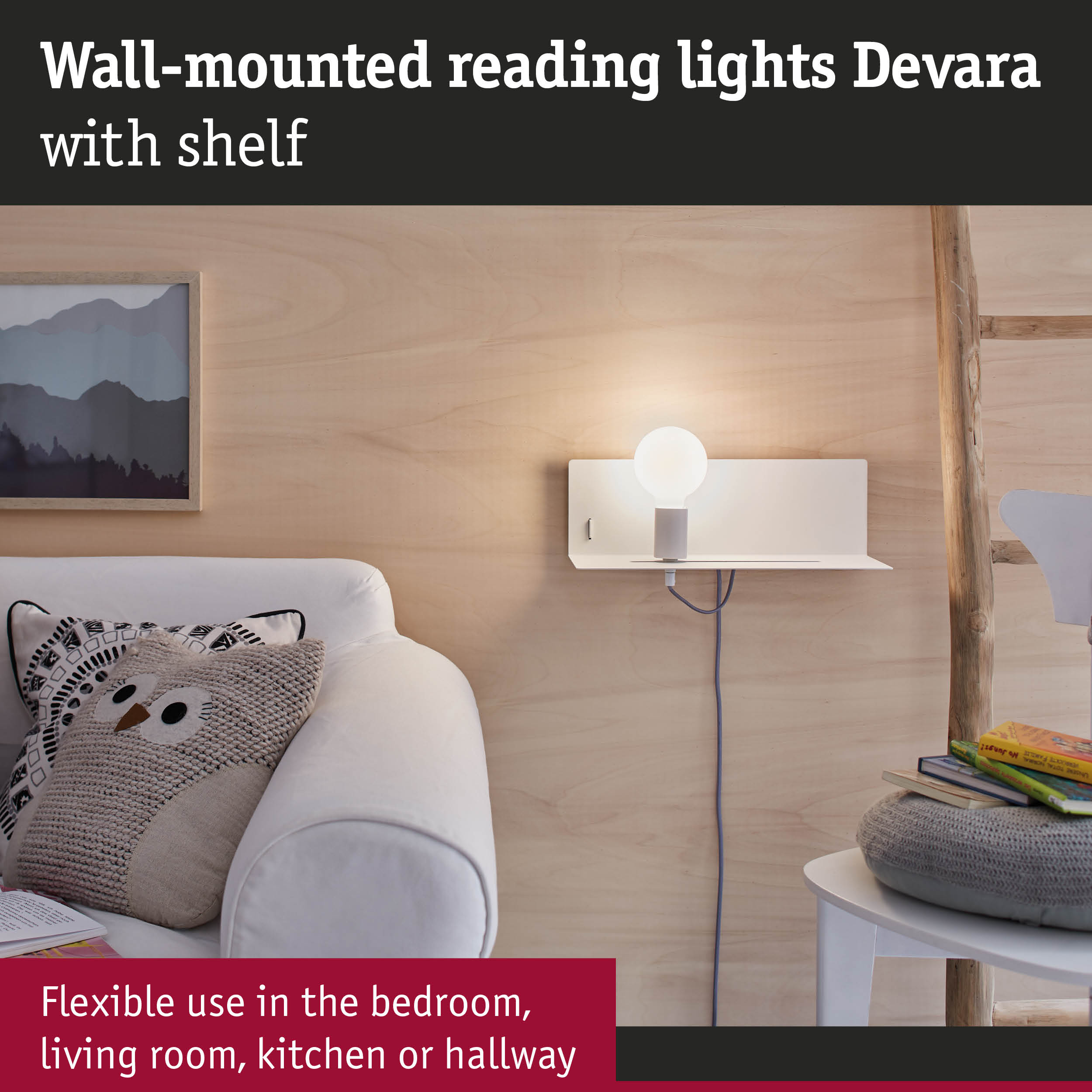 White wall-mounted Devara reading light with metal shelf for bedroom and living room