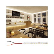 Modern bar interior with warm white LED strip lighting, wood and white design, cozy atmosphere