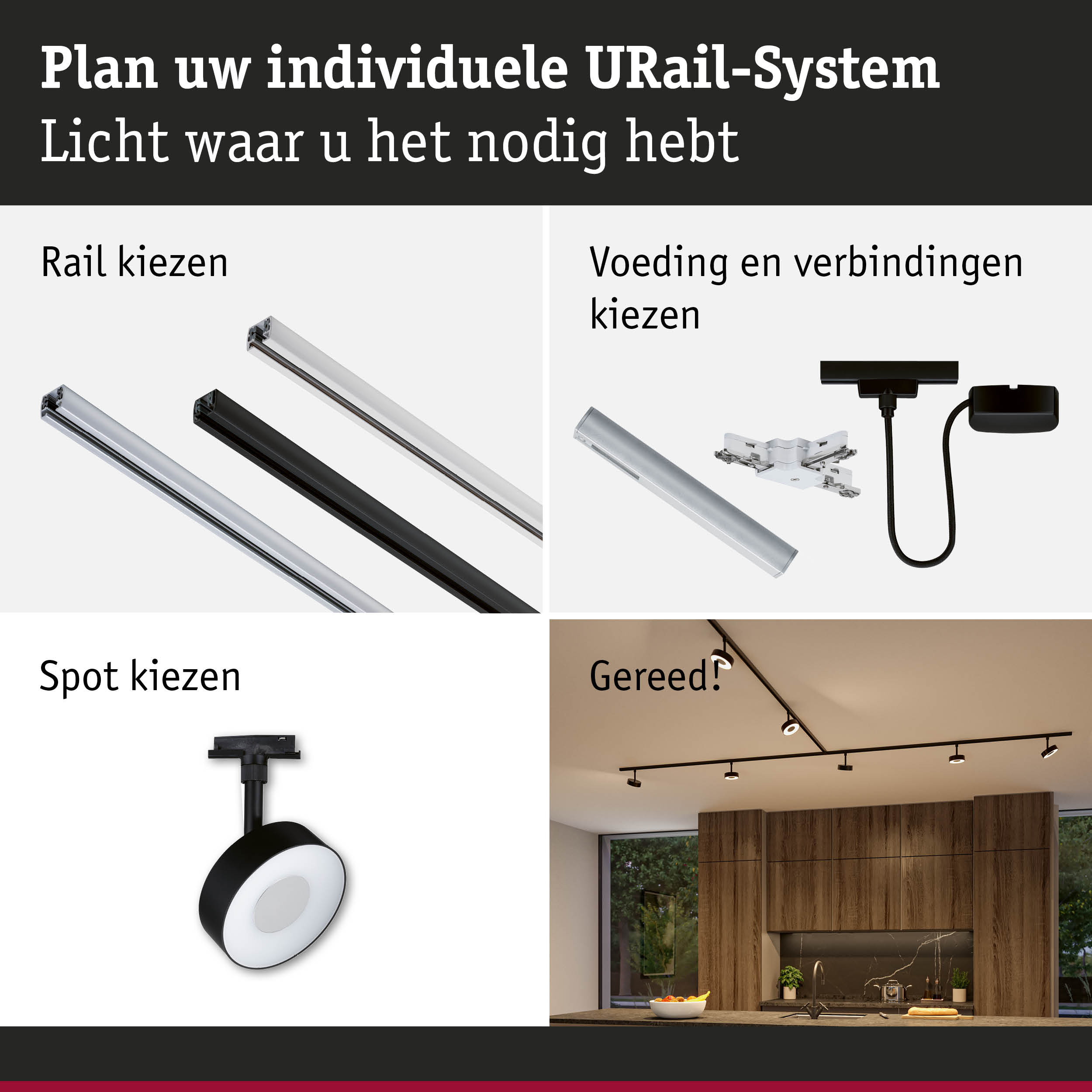 Modulair URail-systeem met aluminium rails in zwart en wit voor flexibele LED-verlichting