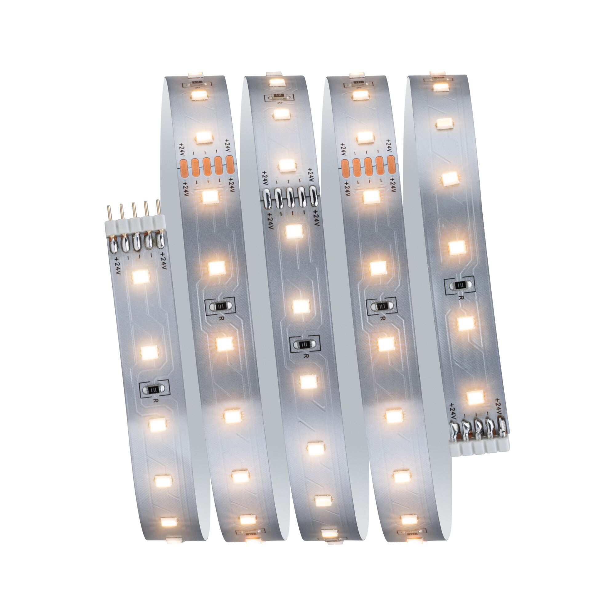 Flexibler LED-Streifen mit warmweißen LEDs auf silberner Platine für moderne Lichtakzente