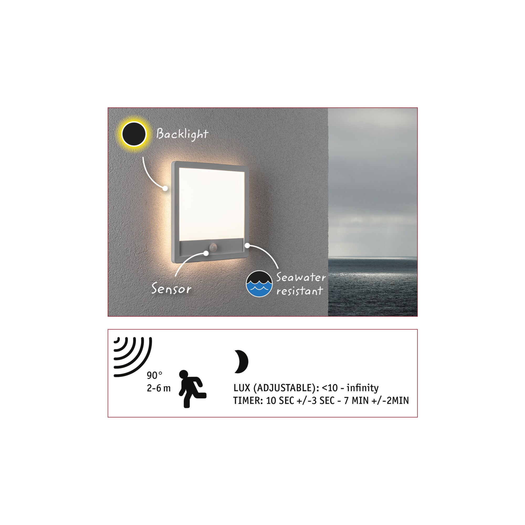 Applique murale extérieure rectangulaire avec capteur, rétroéclairage et boîtier résistant à l'eau de mer pour éclairage de jardin.