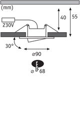 Technical drawing of recessed spotlight with 90 mm diameter, 30° tilt, and 230V connection