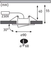 Technical drawing of recessed spotlight with 90 mm diameter and 230V power, dimensions in mm