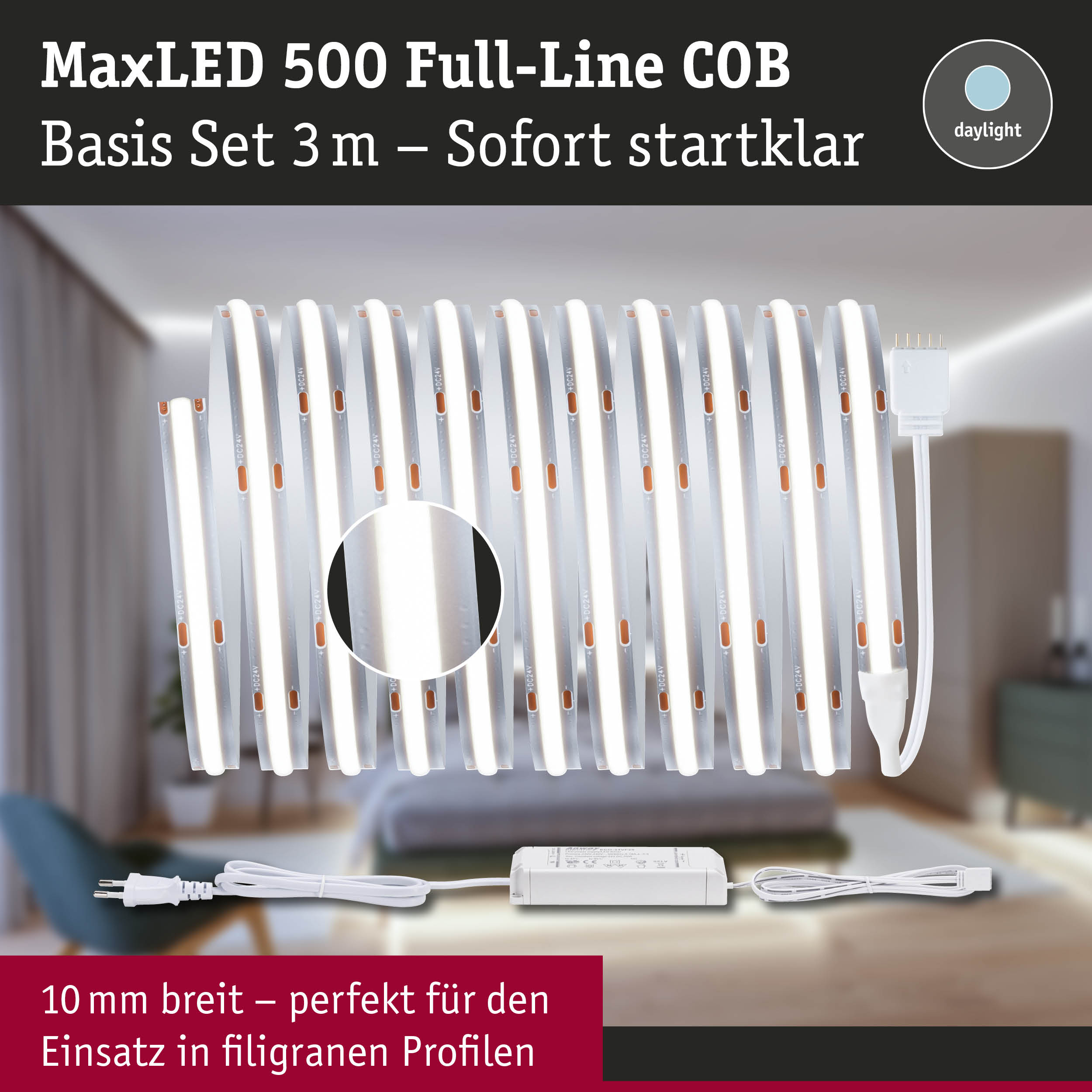 MaxLED 500 Full-Line COB LED-Lichtband 3 m in Weiß mit Netzteil für filigrane Profile