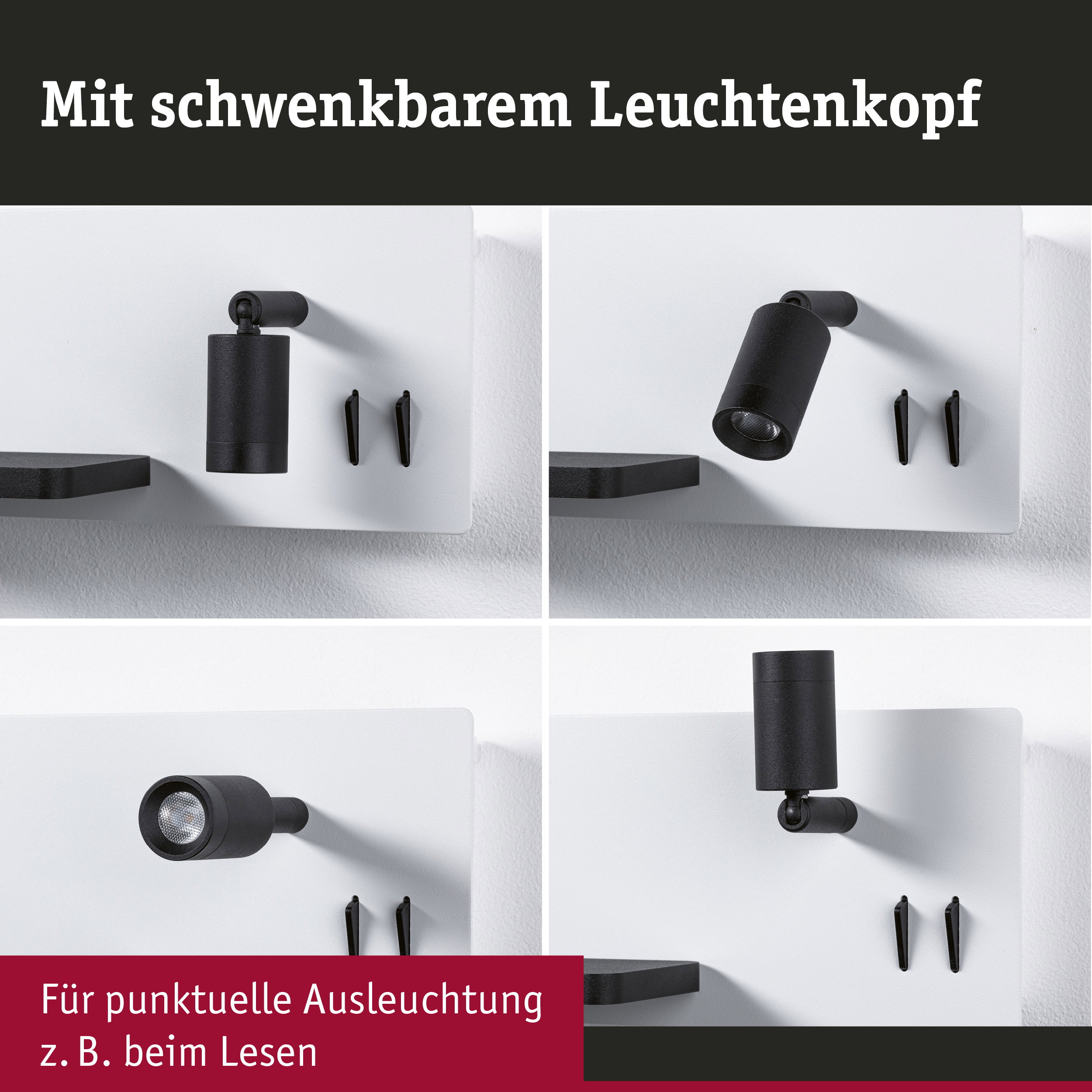 Schwarze LED-Wandlampe mit schwenkbarem Leuchtenkopf für gezielte Beleuchtung beim Lesen