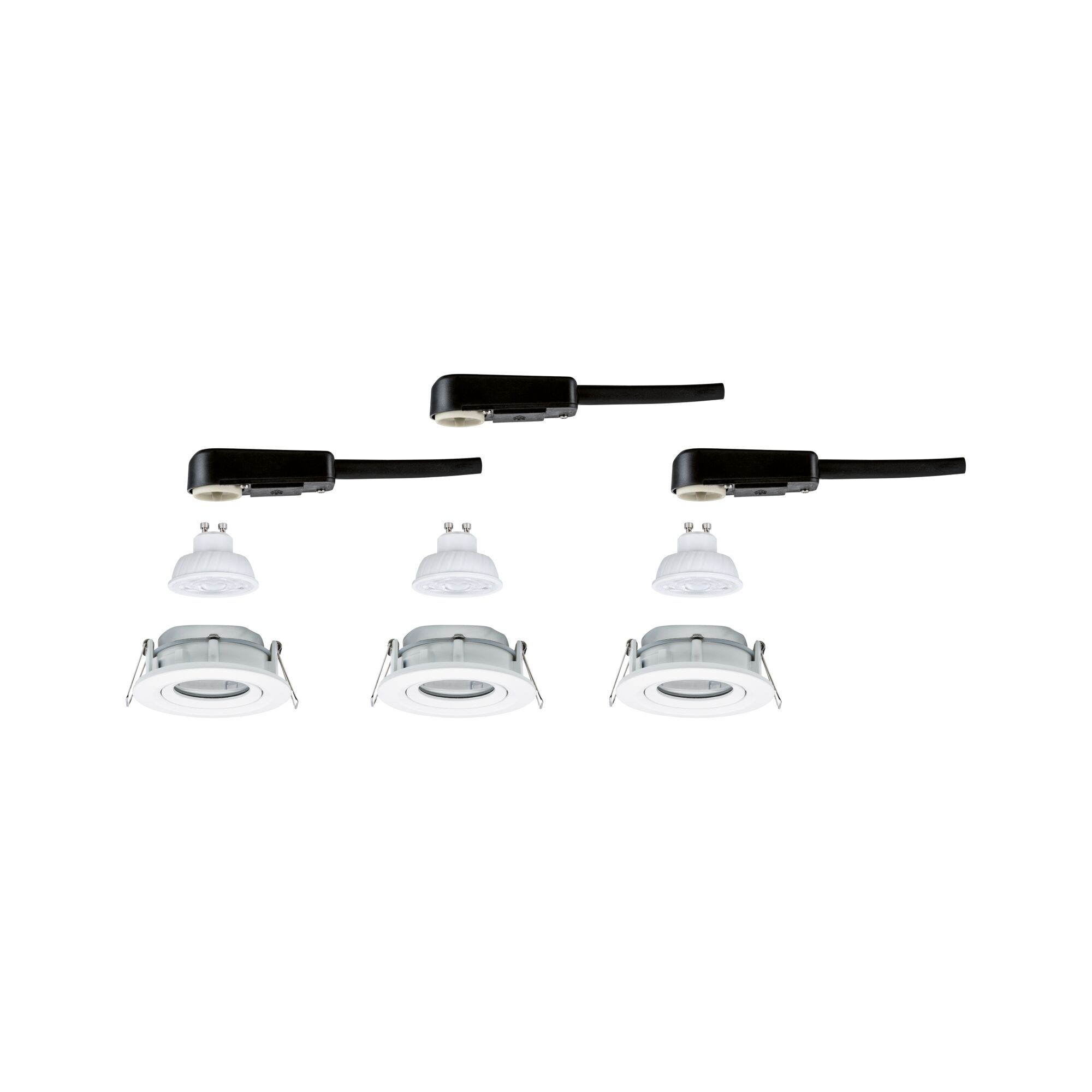 Three white LED recessed spotlights with black cable for energy-efficient lighting solutions