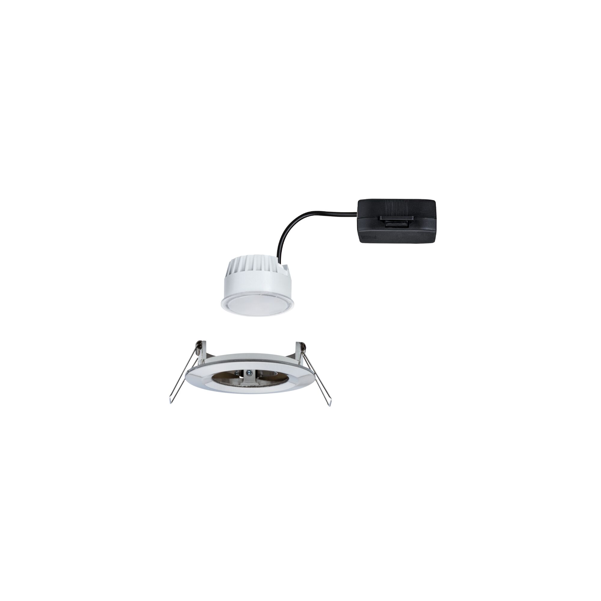 White LED recessed spotlight with black connector cable and metal bracket for ceiling lighting
