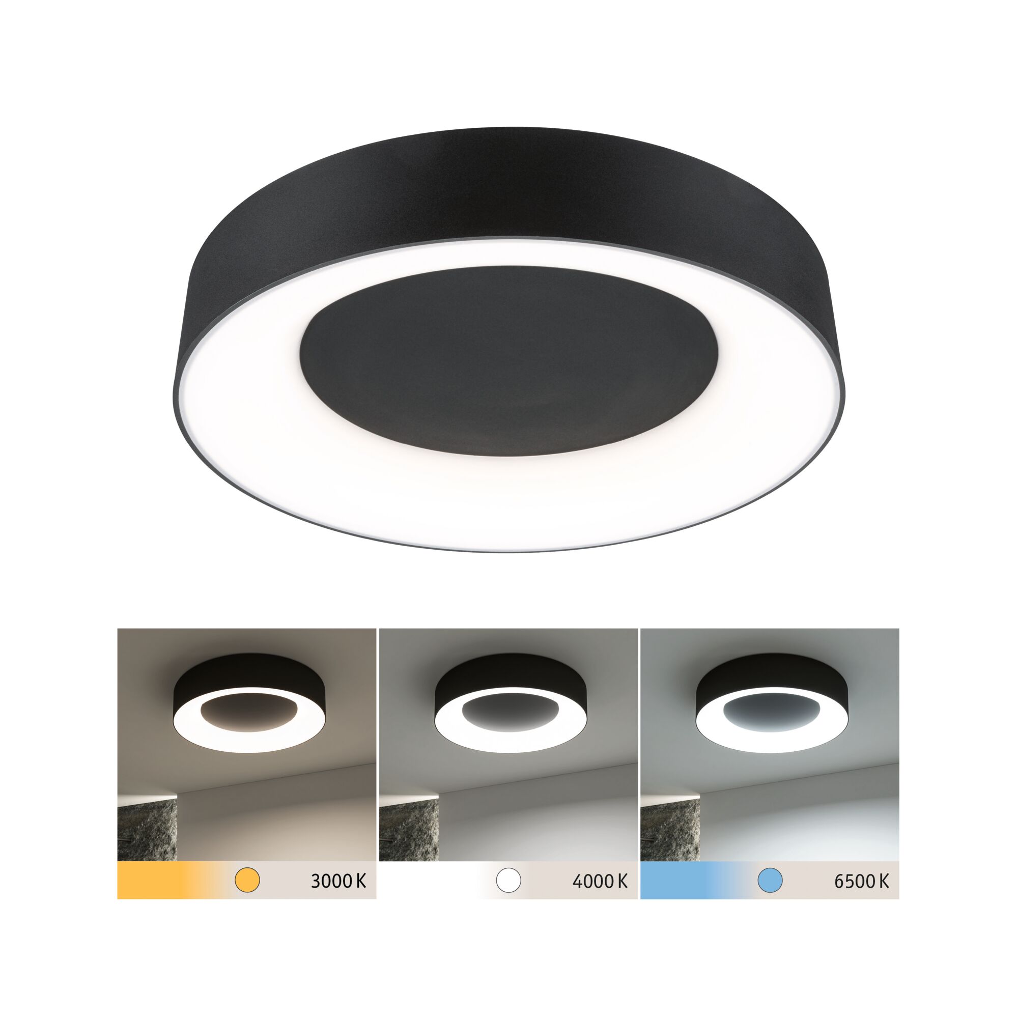 Ronde zwarte LED-plafondlamp met instelbare kleurtemperatuur van 3000K tot 6500K voor woonruimtes