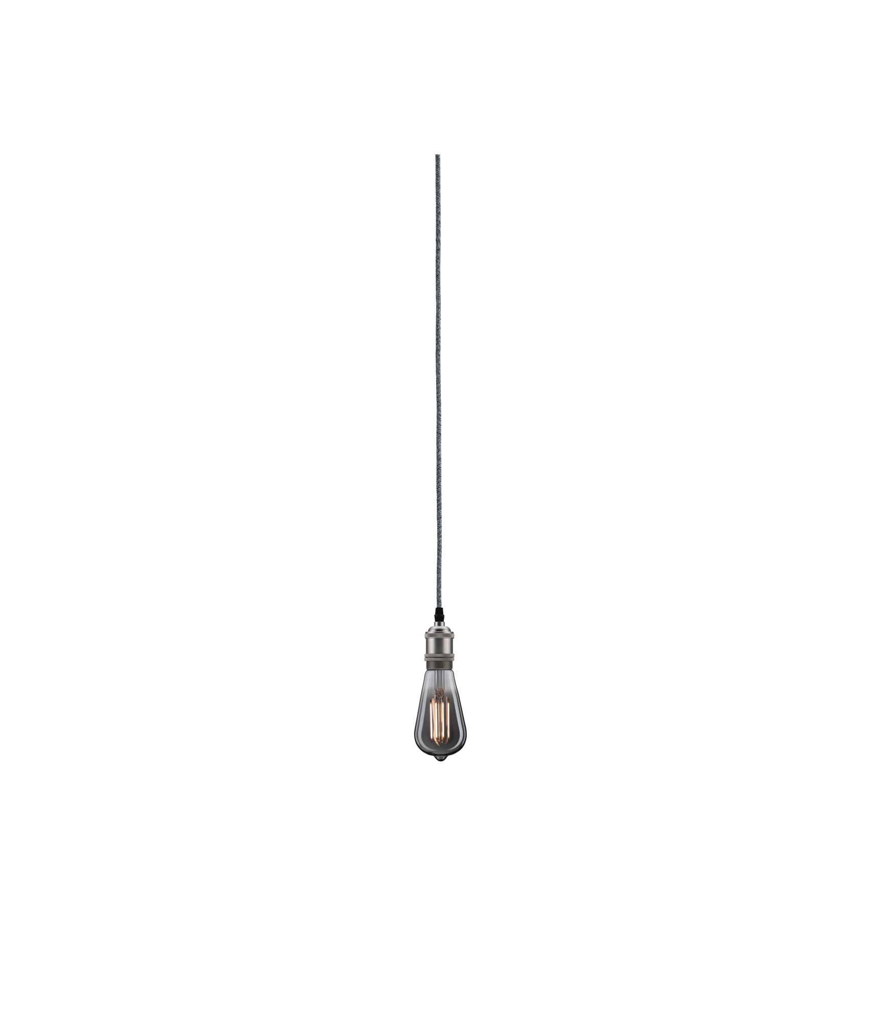 Hanging vintage light bulb with grey fabric cable and metal socket for decorative lighting