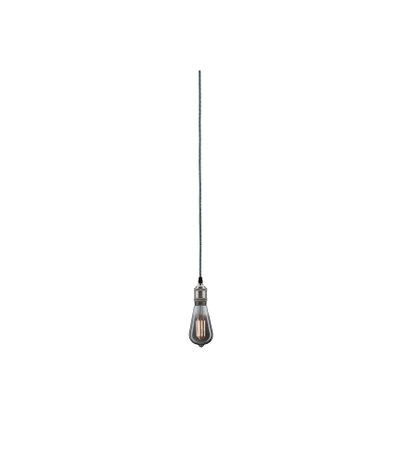 Hanging vintage light bulb with grey fabric cable and metal socket for decorative lighting
