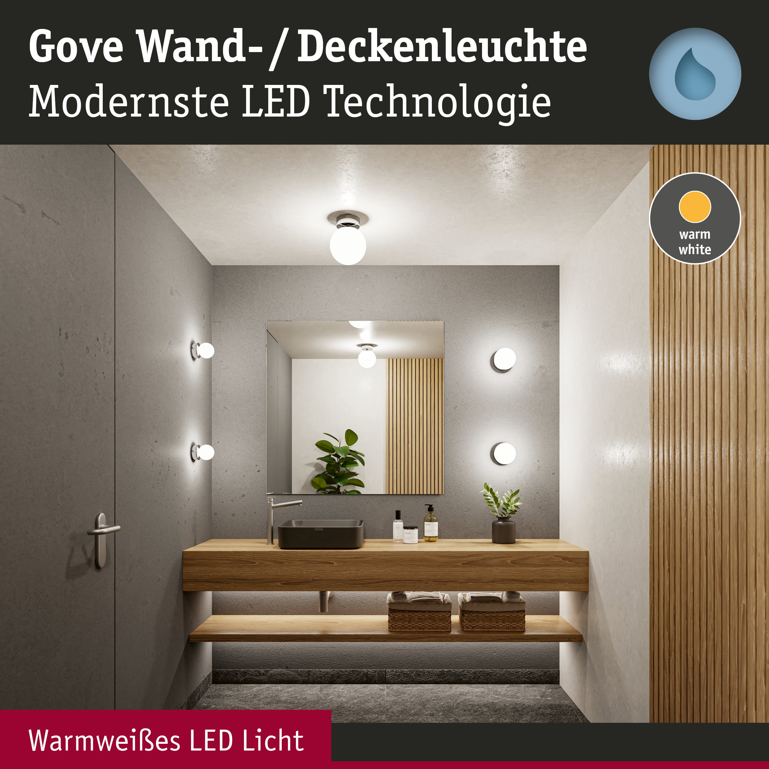 Gove Wand- und Deckenleuchte mit warmweißem LED-Licht in modernem Badezimmer mit Holz und Beton