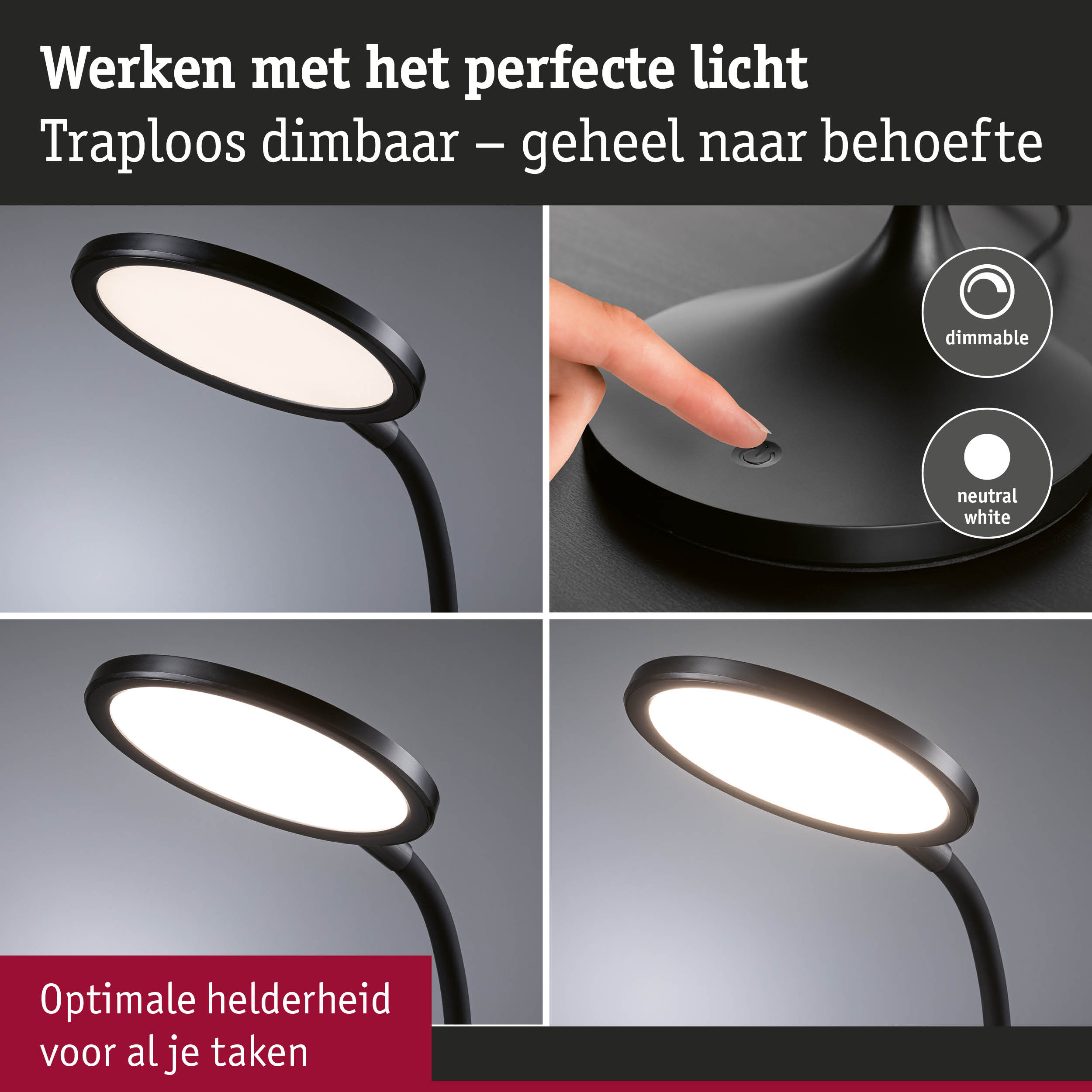 Zwarte dimbare LED-bureaulamp met flexibele hals en neutraal wit licht voor optimale helderheid