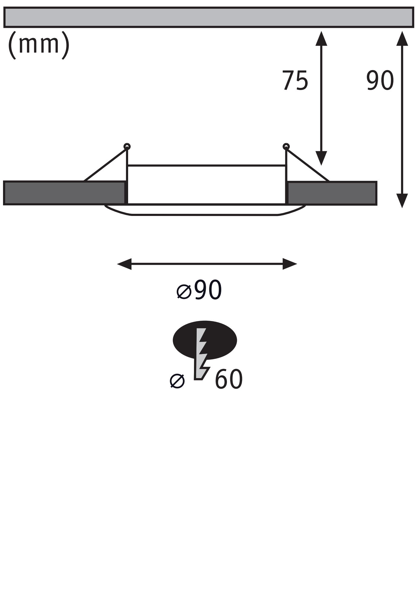 Schéma technique avec dimensions pour spot encastré rond, diamètre 90 mm, profondeur d'installation 75 mm.