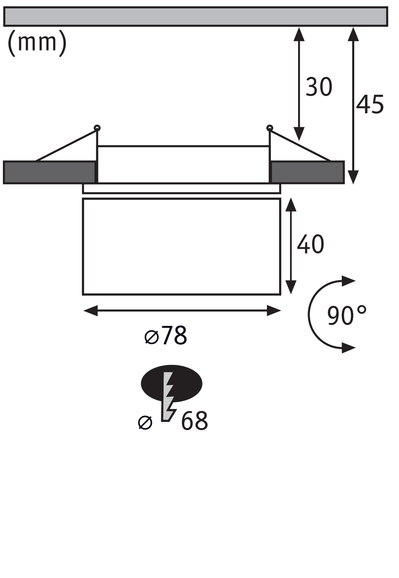 Technical drawing showing recessed spotlight hole diameter 68 mm and housing diameter 78 mm.