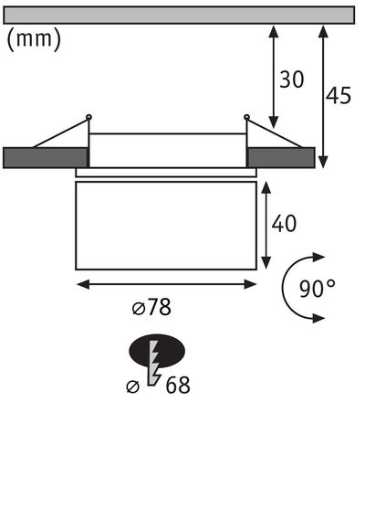 Technical drawing showing recessed spotlight hole diameter 68 mm and housing diameter 78 mm.