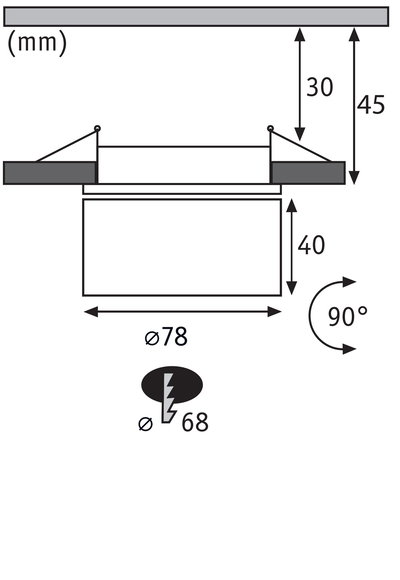 Technische tekening met afmetingen van inbouwspot gat Ø68 mm en behuizing Ø78 mm.
