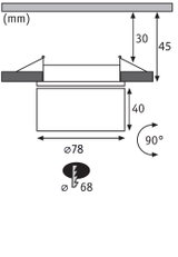 Technische Zeichnung mit Maßen eines Einbaustrahler-Lochs Ø68 mm und Gehäuse Ø78 mm.