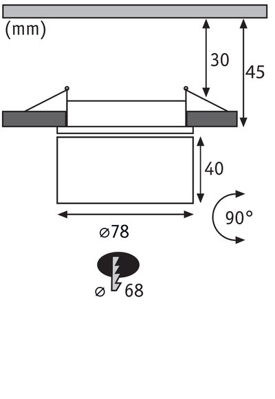 Technische Zeichnung mit Maßen eines Einbaustrahler-Lochs Ø68 mm und Gehäuse Ø78 mm.