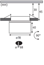 Technical drawing showing dimensions of round recessed spotlight Ø78 mm and 40 mm depth