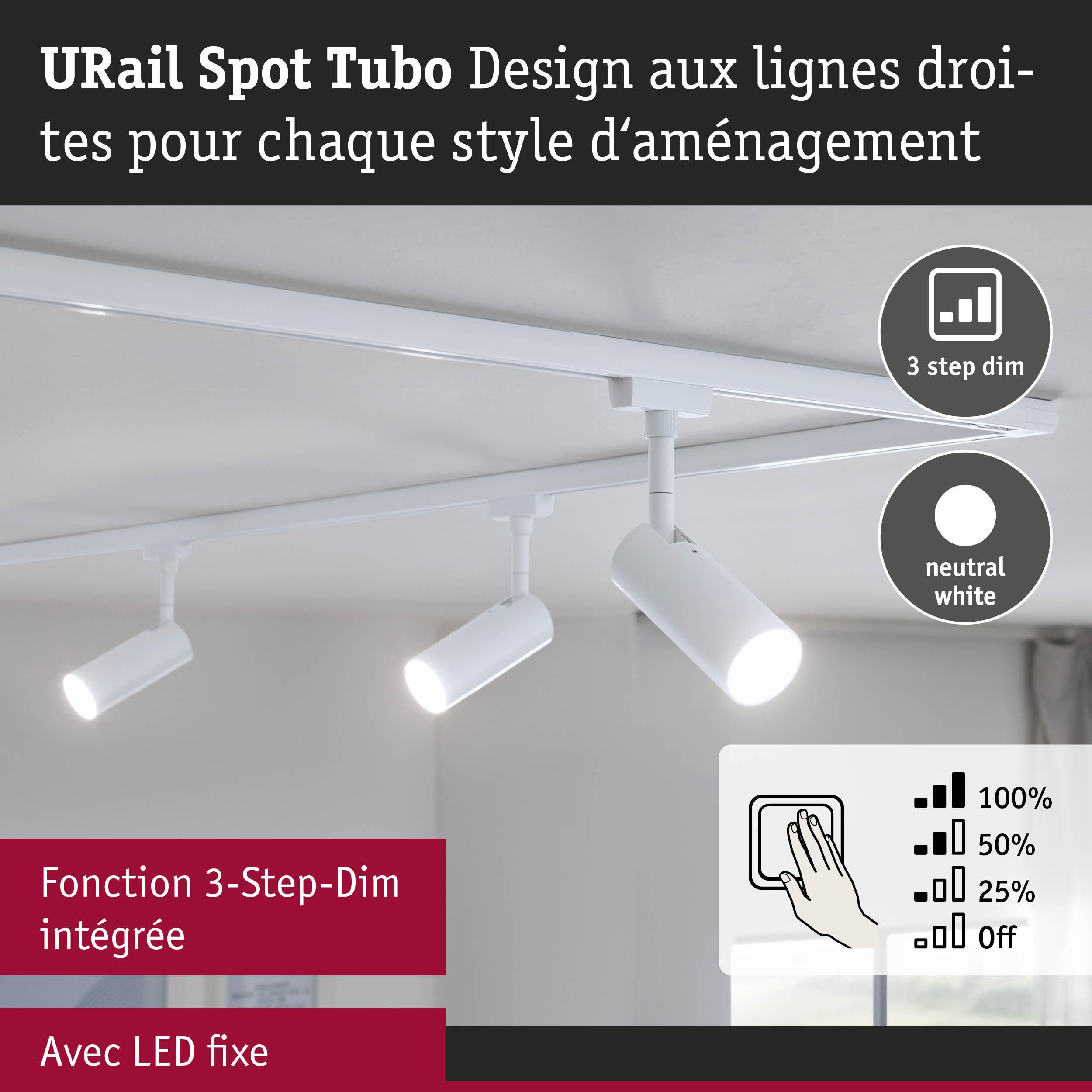 Spot LED URail Spot Tubo blanc avec fonction 3-Step-Dim intégrée et lumière blanc neutre