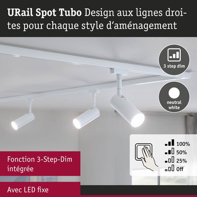 Spot LED URail Spot Tubo blanc avec fonction 3-Step-Dim intégrée et lumière blanc neutre