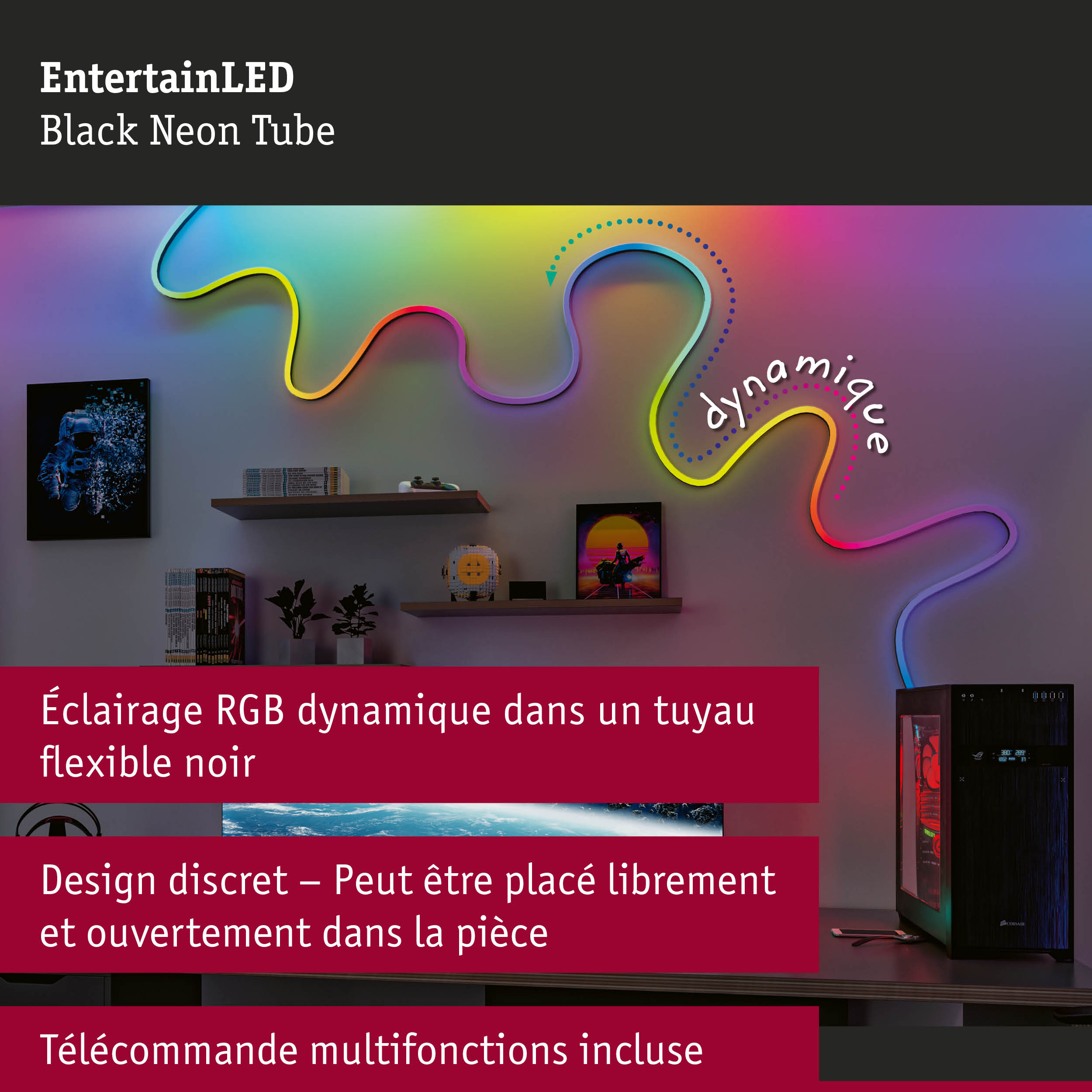 Tube néon RGB flexible coloré sur mur dans une pièce gaming moderne avec PC et étagères