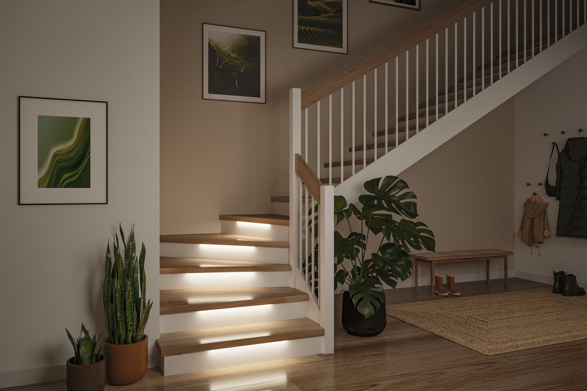 Escalier moderne en bois avec éclairage LED intégré sous les marches pour une sécurité optimale.