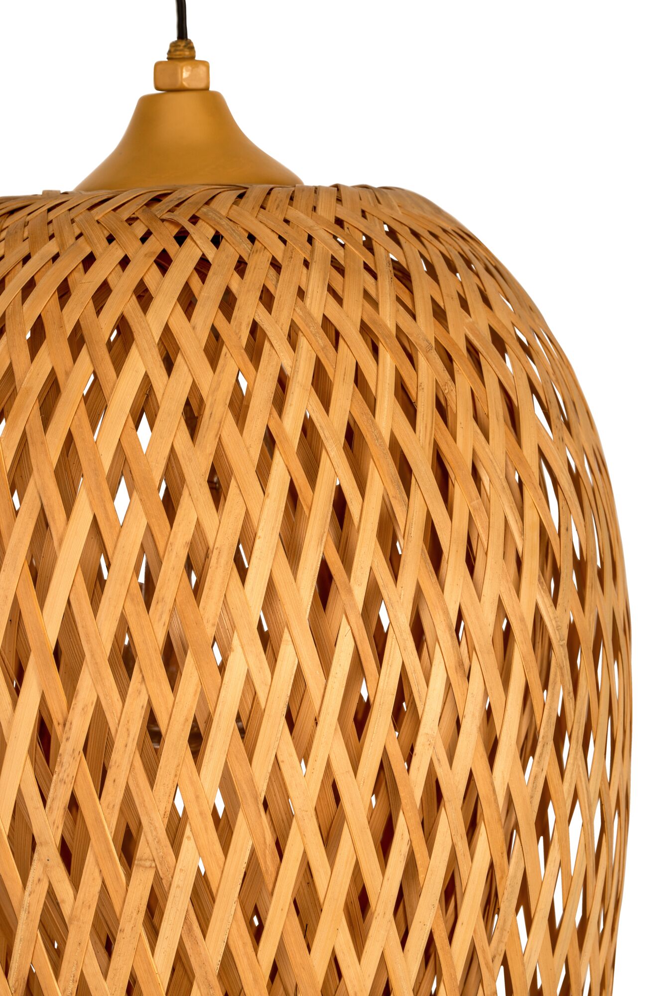 Pendant lamp made of woven natural bamboo with yellow holder for stylish indoor lighting
