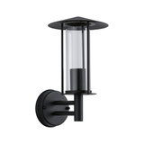 Black metal wall light with clear glass cylinder for modern outdoor lighting