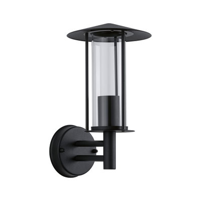 Black metal wall light with clear glass cylinder for modern outdoor lighting