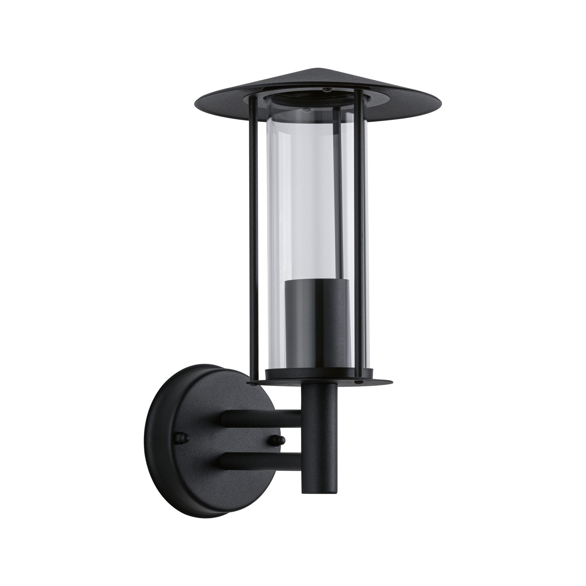 Schwarze Wandlampe aus Metall mit klarem Glaszylinder für moderne Außenbeleuchtung