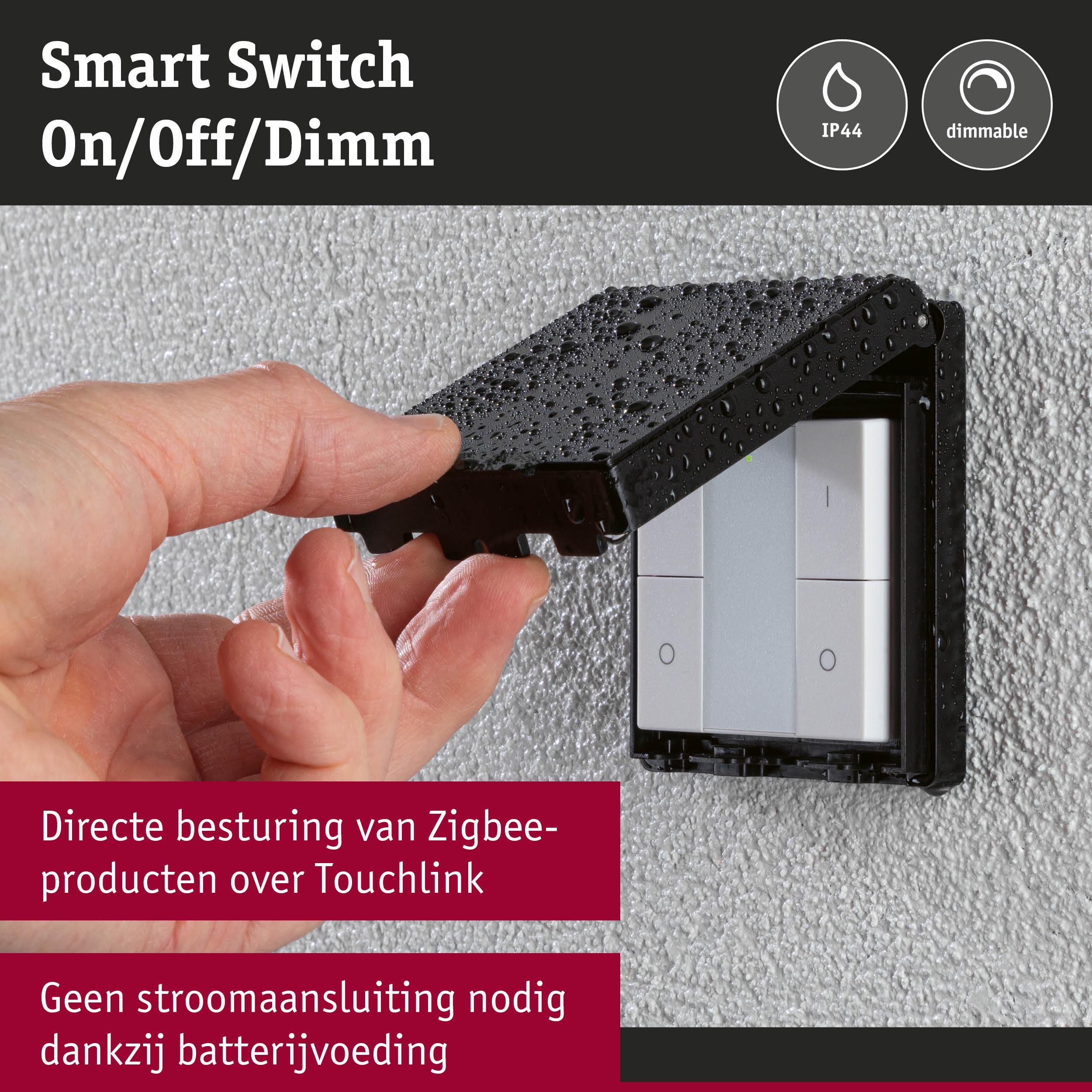 Waterdichte smart switch met aan/uit/dimfunctie en IP44, batterijgevoede Zigbee bediening