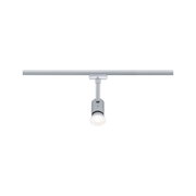 Moderner silberner LED-Strahler aus Metall an Schienensystem für flexible Raumbeleuchtung
