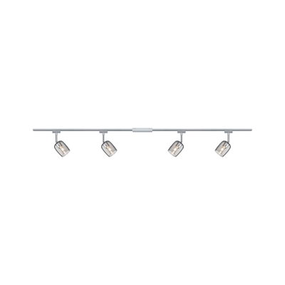 Spot sur rail à quatre lampes avec abat-jours en verre fumé et cadre métallique argenté pour éclairage moderne