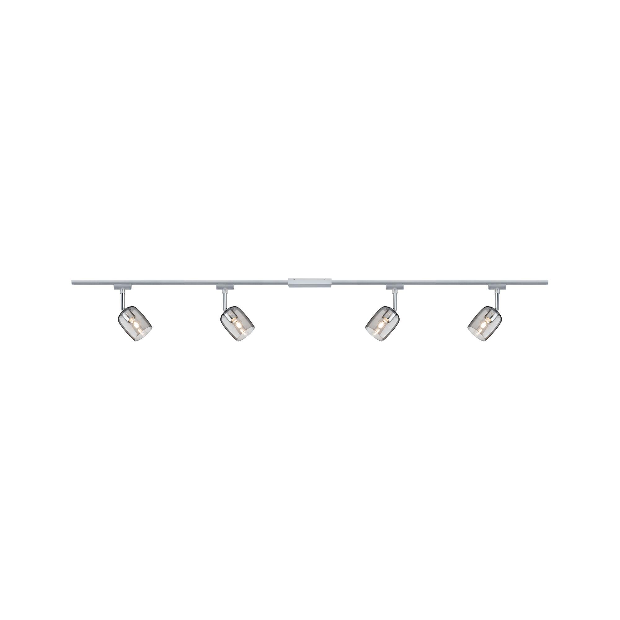 Four-light LED ceiling lamp with silver metal frame and smoked glass shades for modern lighting