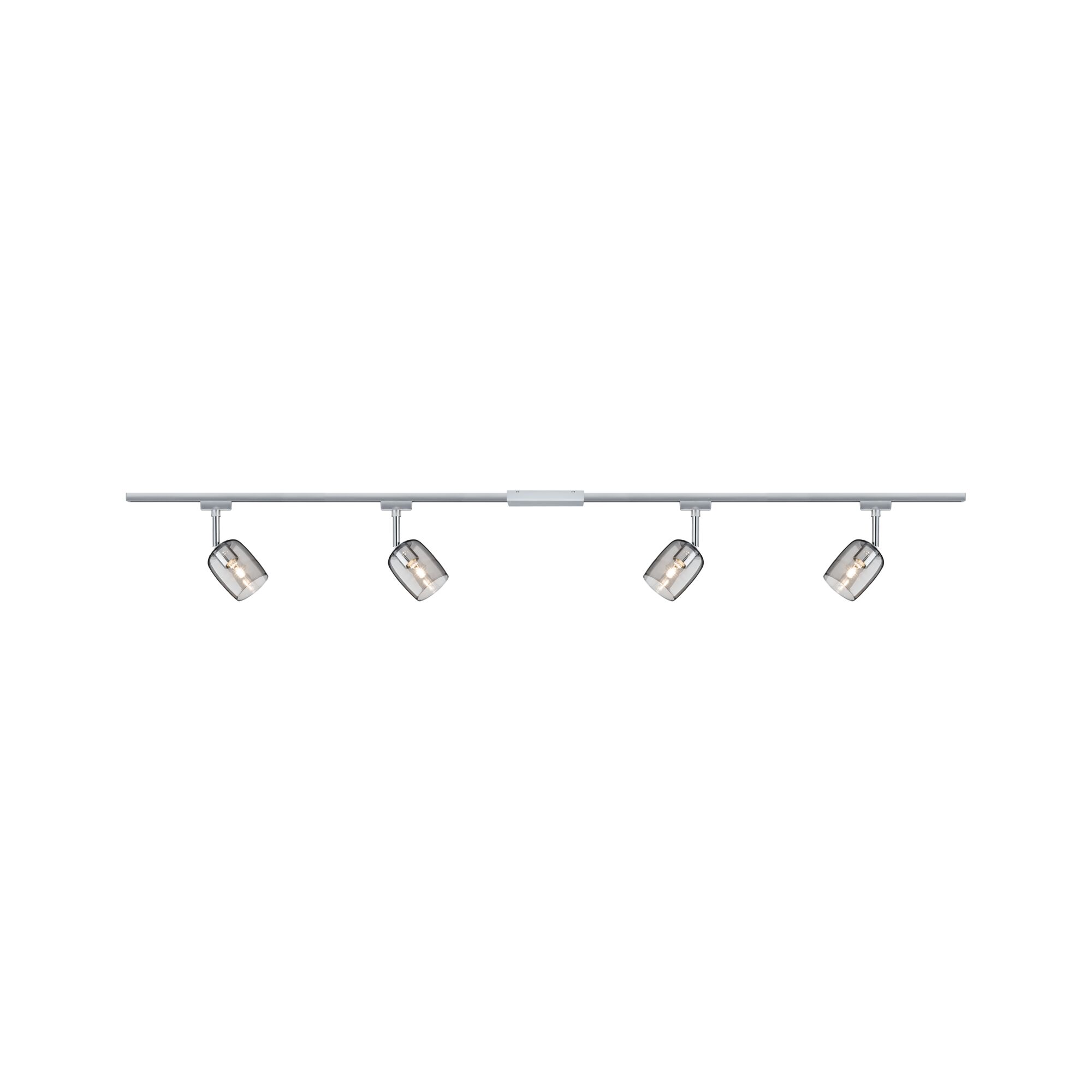 Plafonnier LED à quatre lampes avec cadre métallique argenté et abat-jours en verre fumé