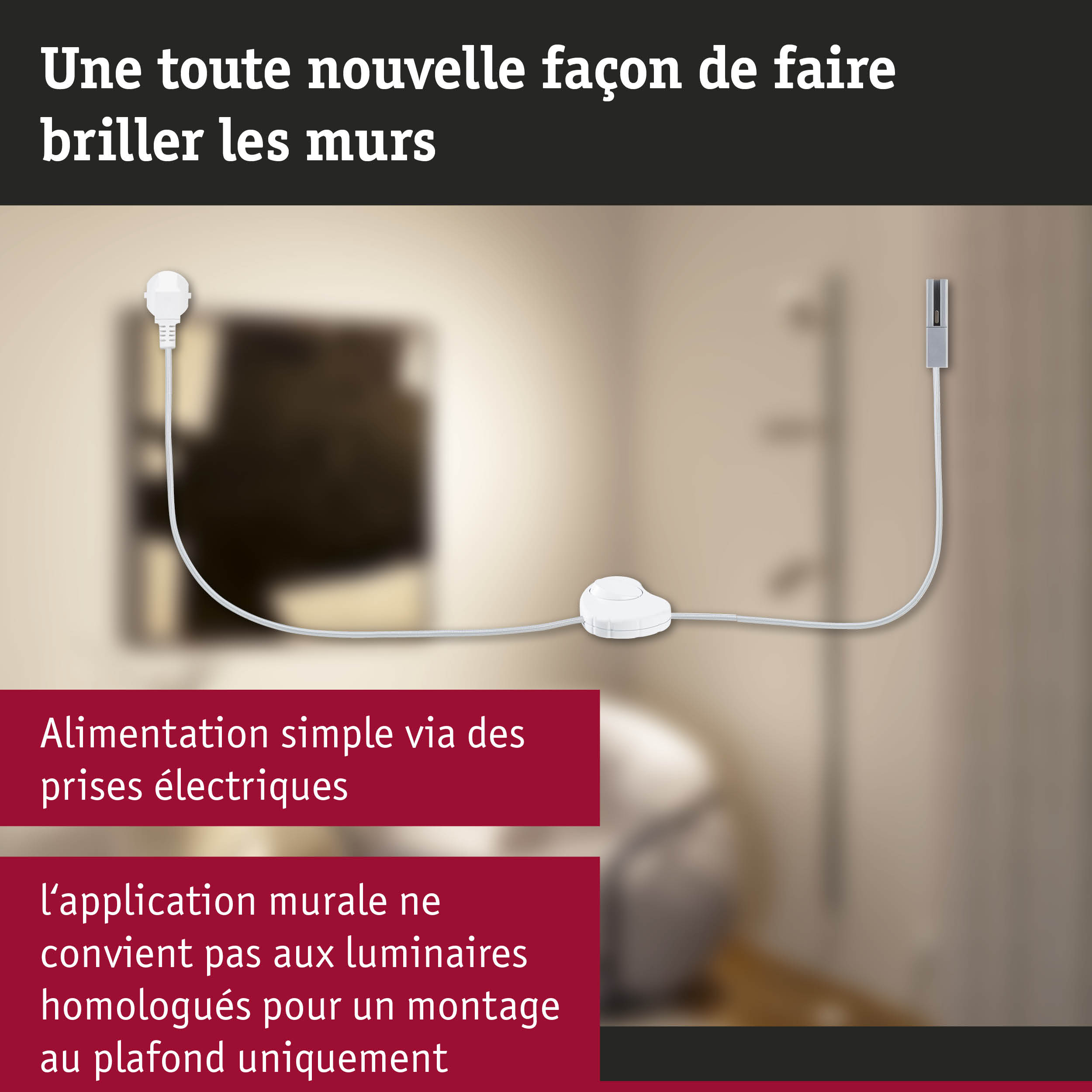 Câble blanc avec interrupteur et prise pour montage mural pour éclairer les murs