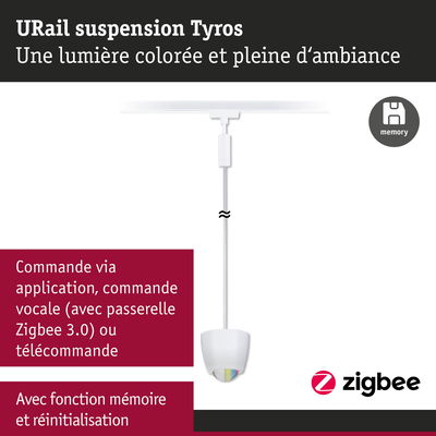 Suspension URail Tyros blanche avec commande Zigbee et fonction mémoire pour ambiance colorée.