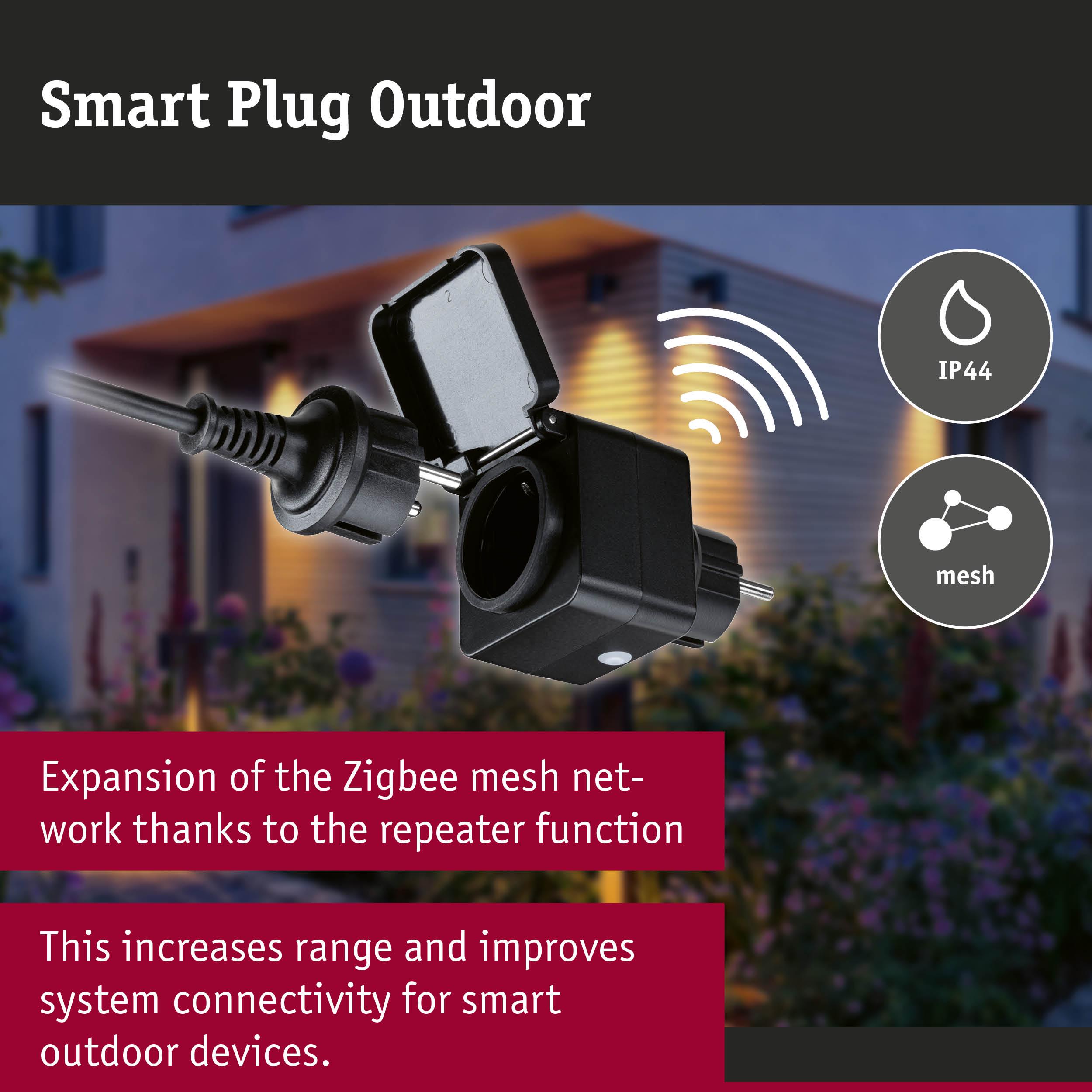 Black Smart Plug Outdoor with IP44 protection and Zigbee mesh repeater for extended smart device range.