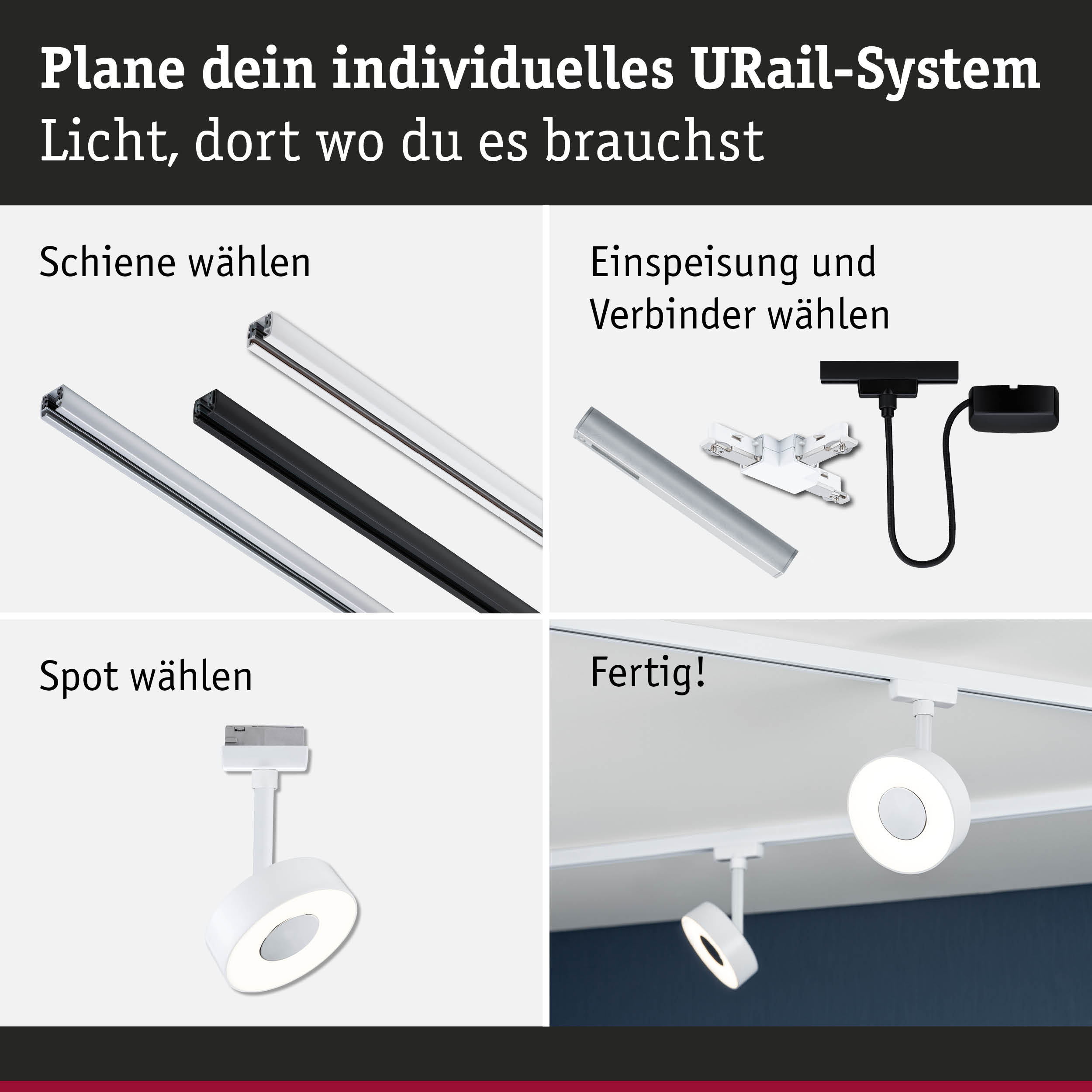 Modulares URail-Schienensystem mit weißen und schwarzen Schienen, Steckern und weißen LED-Spots zur Lichtplanung