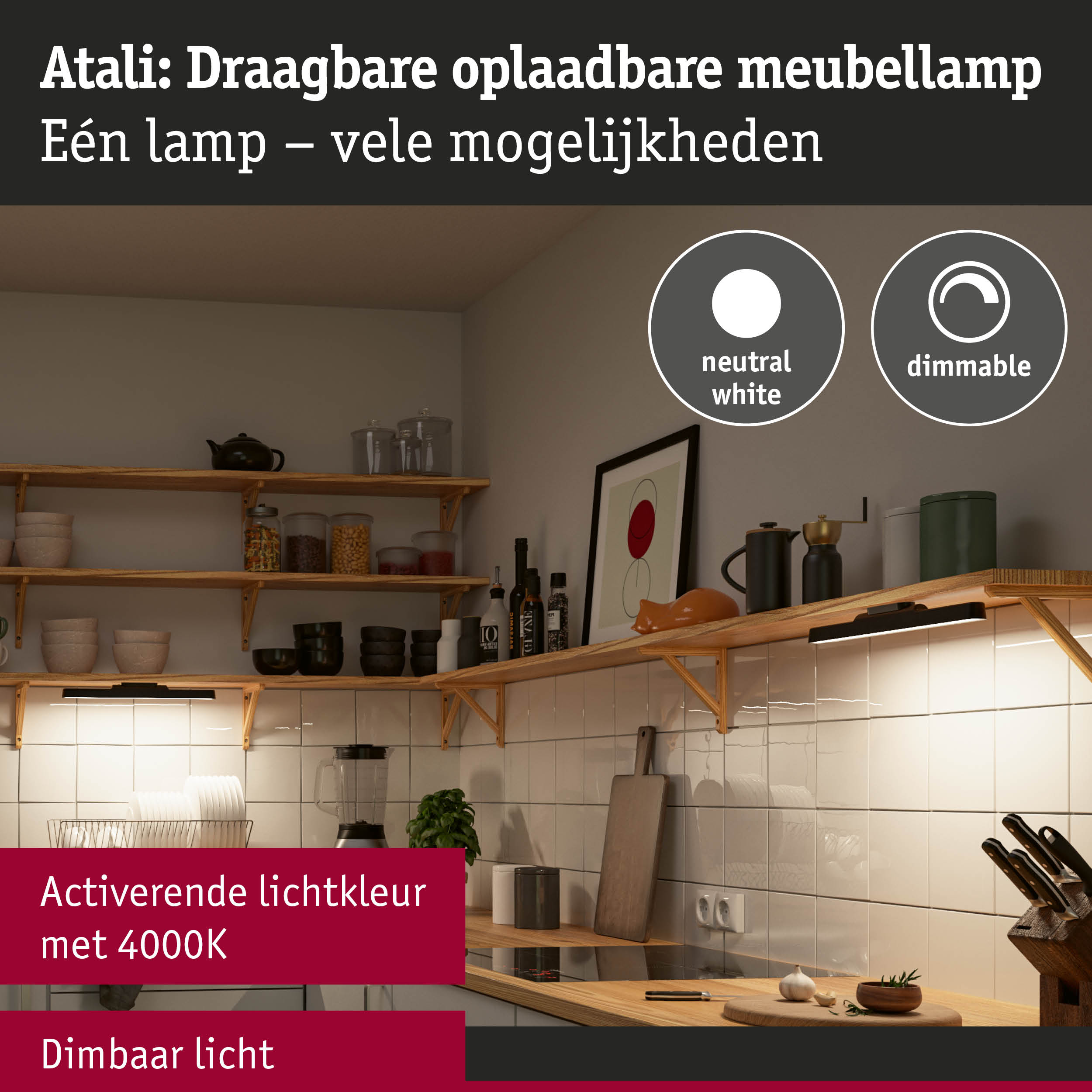 Draagbare oplaadbare meubellamp met dimbaar neutraal wit licht, geschikt voor keukenverlichting