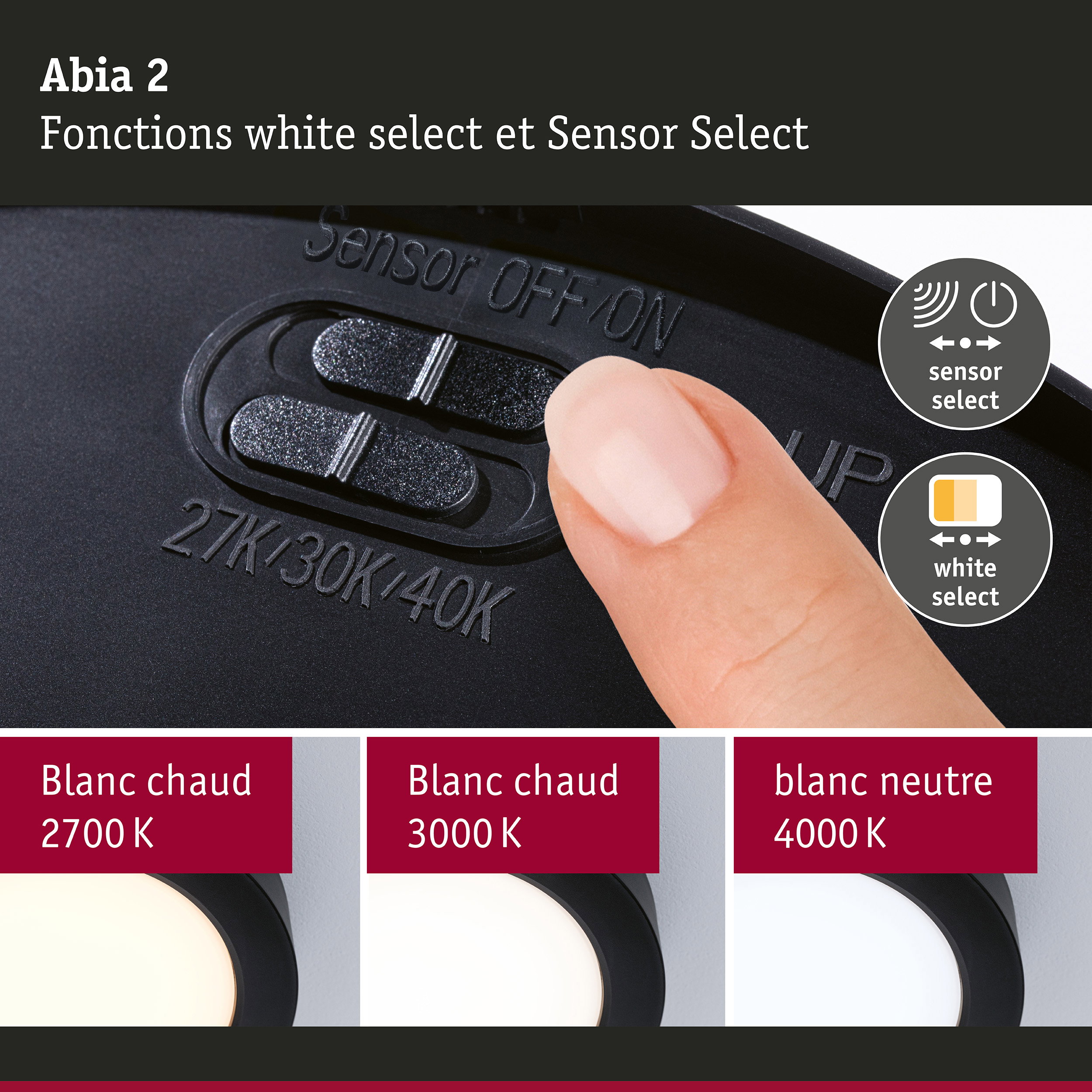 Panneau LED Abia 2 White Select Détecteur de mouvement crépusculaire (HF) rond 170mm 9,5W 1100lm White Select Noir