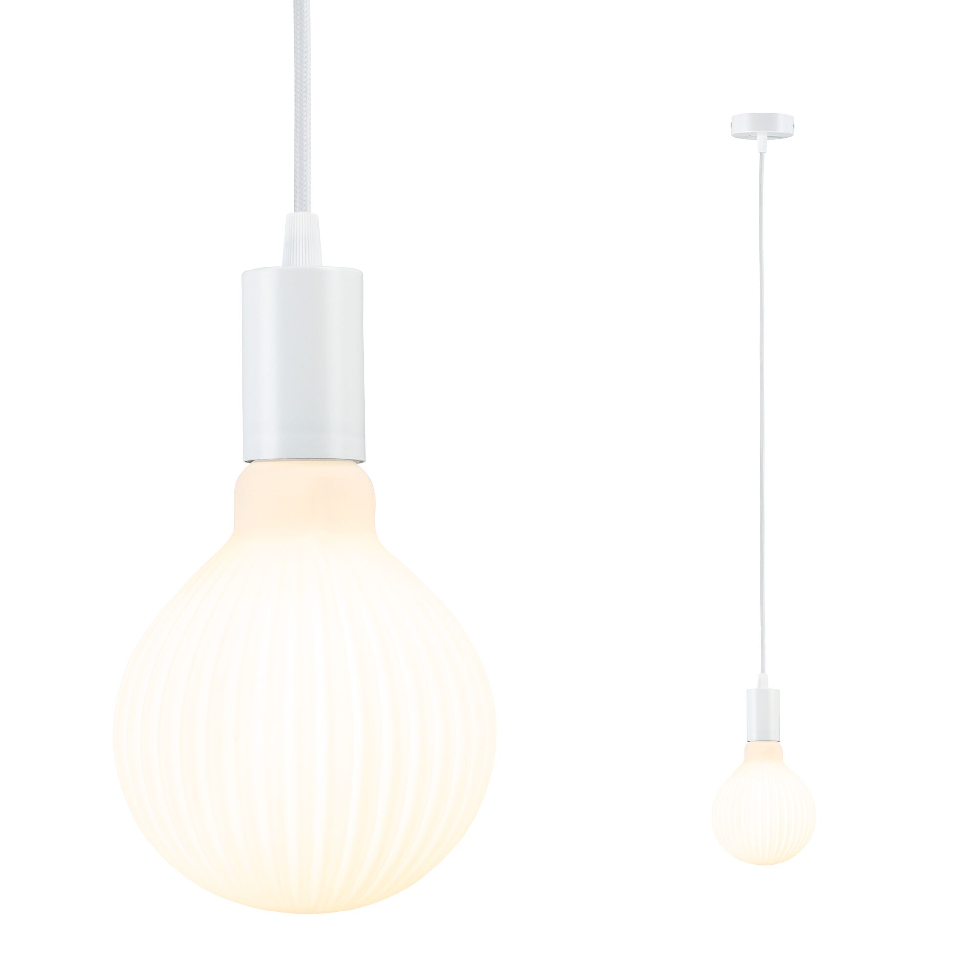 Suspension blanche avec ampoule en verre côtelé et câble textile pour éclairage intérieur moderne