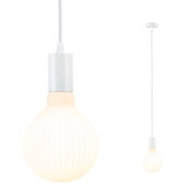 White pendant light with ribbed glass and fabric cable for modern home lighting