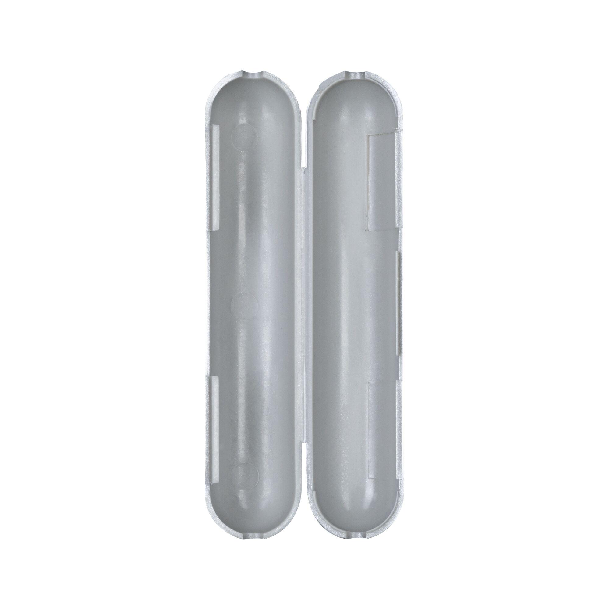 Open grey plastic housing with two halves for electrical components