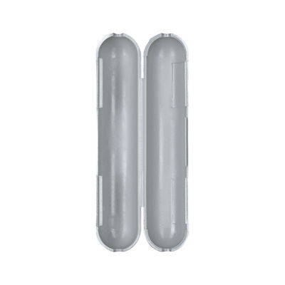 Open grey plastic housing with two halves for electrical components