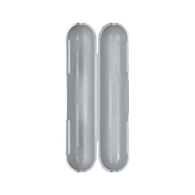 Open grey plastic casing with rounded ends for electronics or cable protection