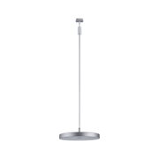 Round aluminum-colored LED pendant light with slim cable for modern indoor lighting