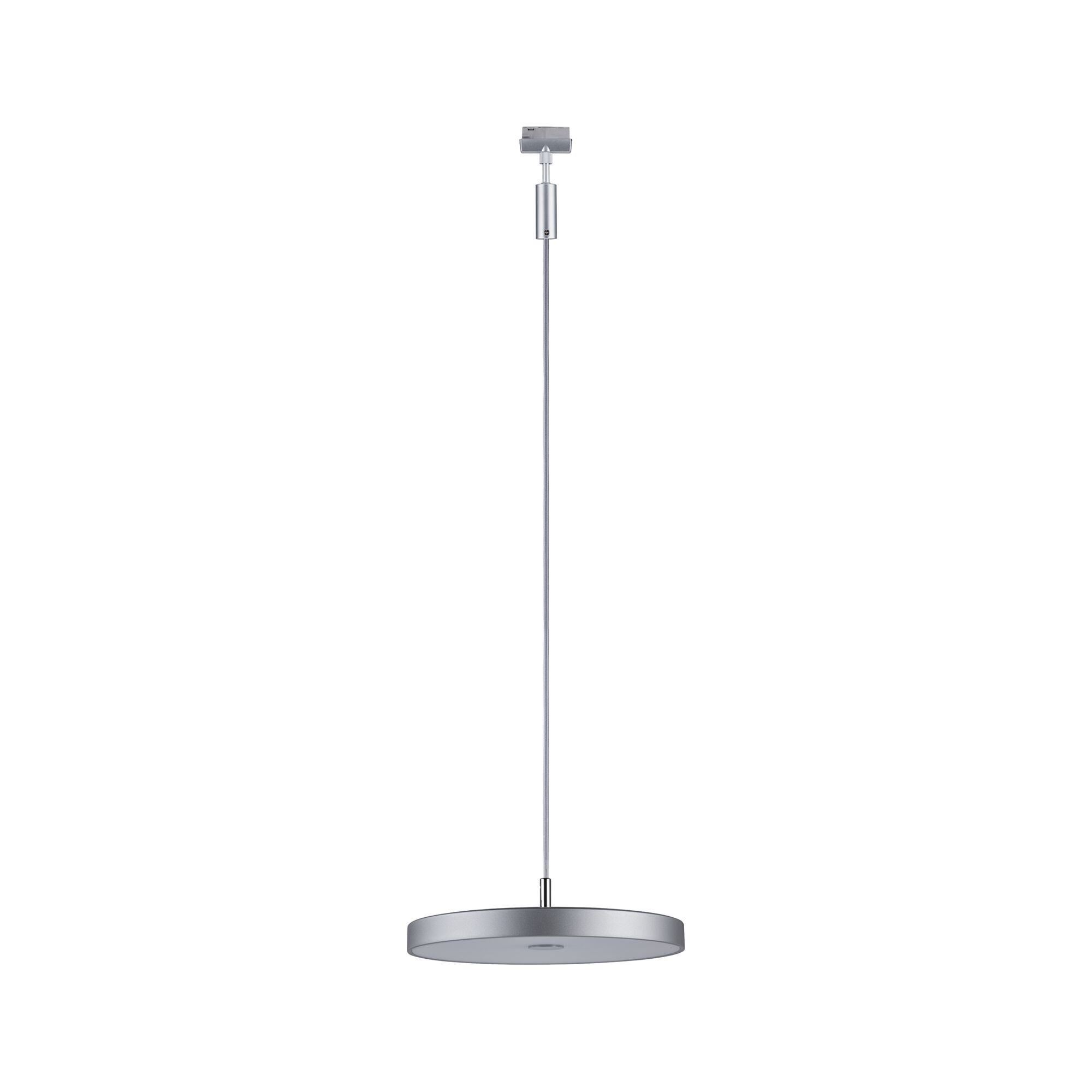 Round aluminum-colored LED pendant light with slim cable for modern indoor lighting
